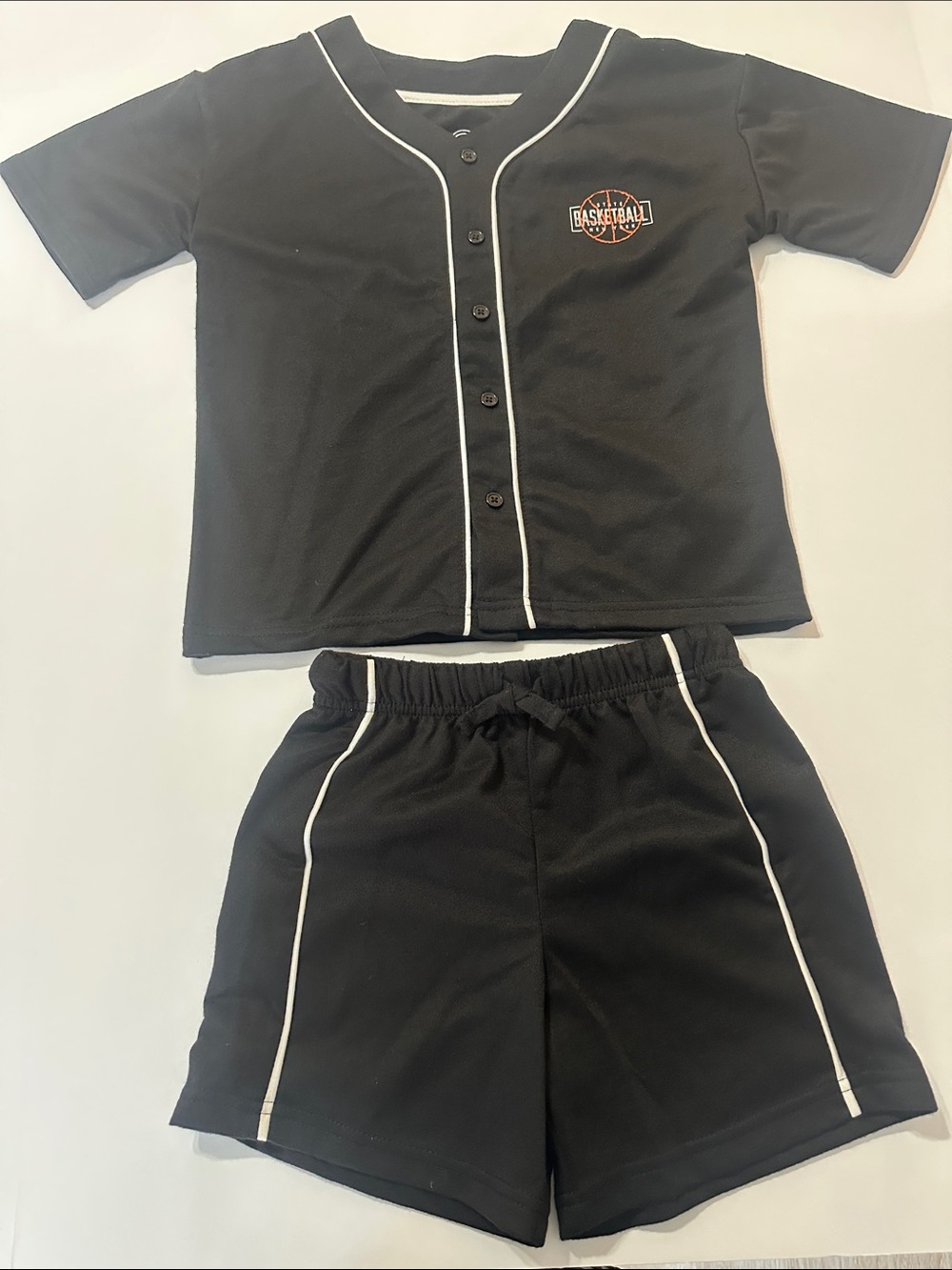 Boys Black Basketball Jersey & Shorts Pajamas Set with White Piping